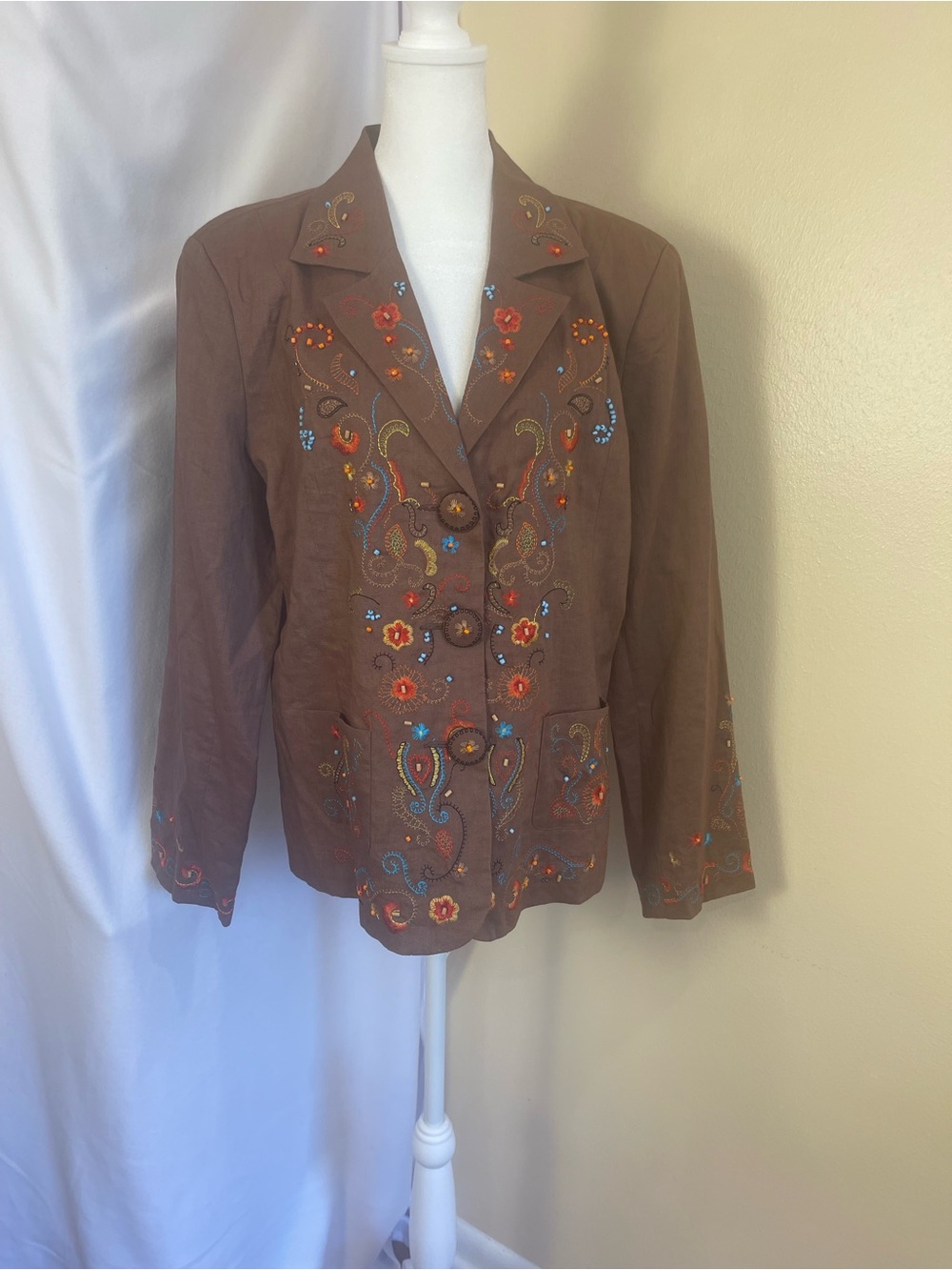 Silkland Brown Linen Floral Embroidered Blazer Jacket 12 Boho Beaded Coastal